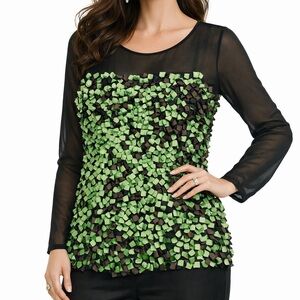Marina Rinaldi Black Mesh Top Leaf-Like Emerald Fabric Detail Size Large